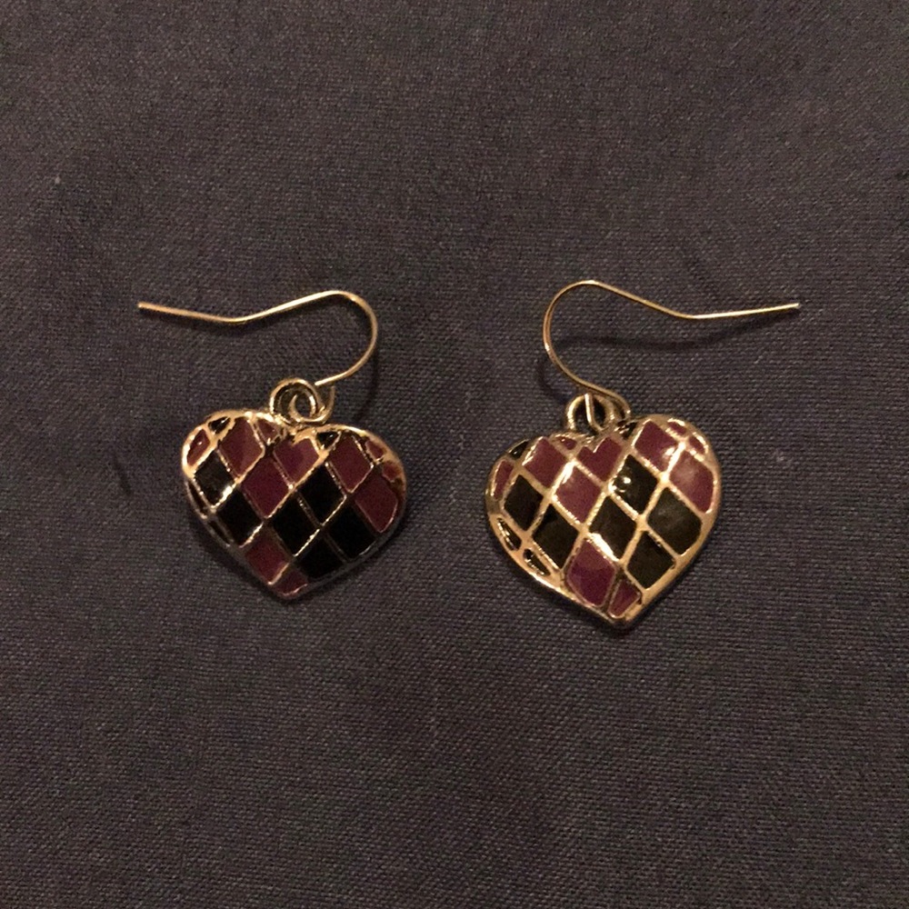 Purple/Black Checkered Heart Earrings
